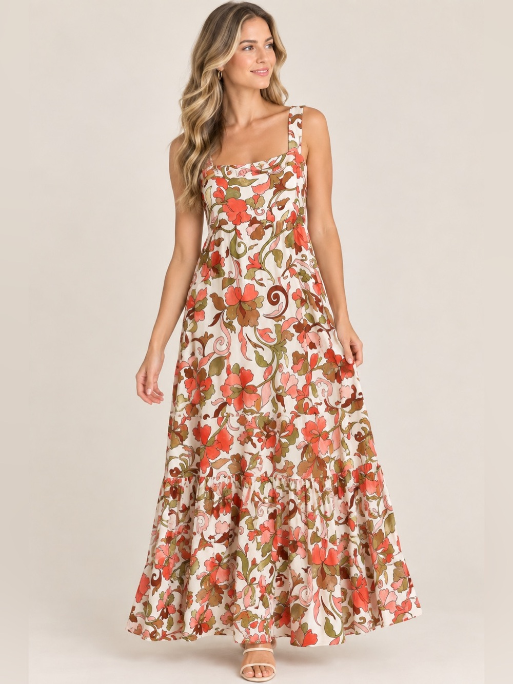 Vince Camuto Floral Maxi Dress S Square Neck Smocked Back Boho Fall Viscose